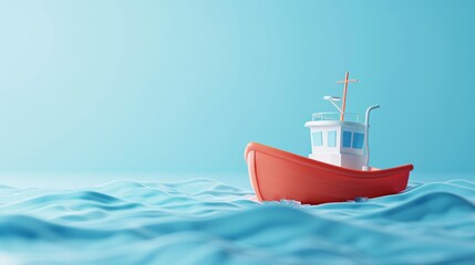 A small red fishing boat is floating on calm blue ocean waves under a clear sky, evoking a tranquil and serene maritime scene.