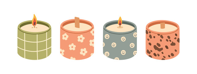 Trendy candle set. Modern scented cozy hygge candle for home interior decor. Vector illustration in flat style