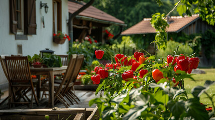 Terrace near house (cottage) with dining table and chairs. Close up peppers in vegetable garden