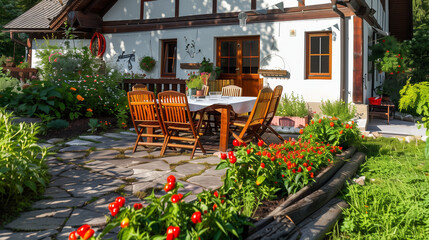 Obraz premium Terrace near house (cottage) with dining table and chairs. Background is garden 