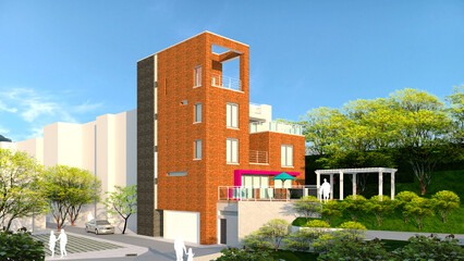 modern building in downtown city, 3d rendering illustration of a modern house with terrace in the urban area with trees