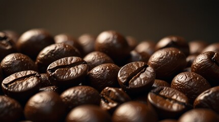 Hot roasted caffeine coffee beans isolated on a dark brown background. Arabian or aroma beans for hot drink for cafe advertising, package design.	