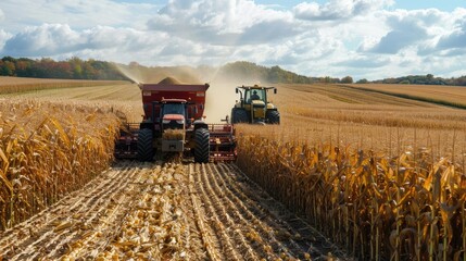 Naklejka premium A corn harvester and tractor working together in a field, with harvested corn being transferred, highlighting teamwork during harvest season
