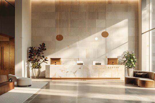 A modern corporate lobby with a receptionist, visitors waiting, and stylish decor, captured in the style of Magazine Photography