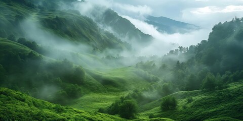 This image captures a breathtaking scene of verdant hills veiled in morning mist creating a serene...