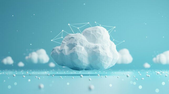Abstract 3D rendering of a cloud with geometric lines and dots on a turquoise background. Concept of cloud computing and modern technology.