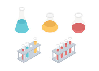 Fototapeta premium Vector isometric illustration of medicine laboratory. Set of various test tubes, and flask. Inventing and producing new medicine and vaccines, pharmacy concept. Medical tests set.