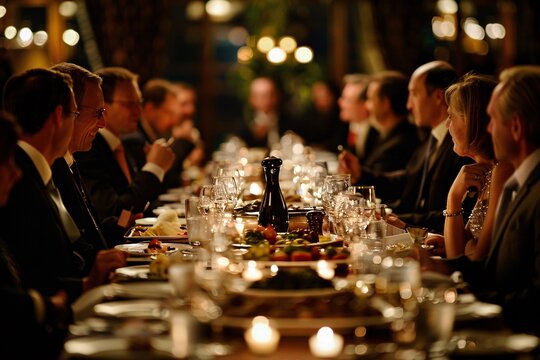 A formal business dinner with executives seated at an elegantly set table, discussing corporate strategies