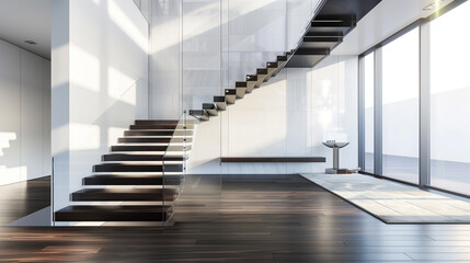 Minimalist Interior with Floating Staircase and Large Windows