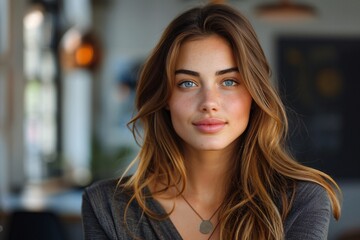 A professional portrait of a successful businesswoman, with a stylish office background, captured in the style of Magazine Photography