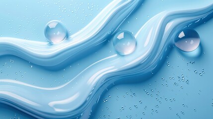 Abstract image of water droplets and fluid curves on a light blue surface, showcasing smooth textures and a calming color palette.