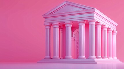 Obraz premium Architectural illustration of classical pink temple structure with columns against solid pink background. Creative design for art and decor.