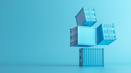 Balancing blue shipping containers on a flat background, symbolizing logistics, transport, and industry stability. Minimalist conceptual image.