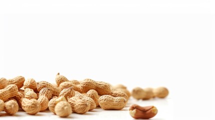 Fototapeta premium Front view, peanuts on flat surface, white background