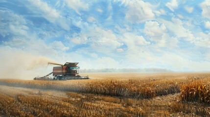 Naklejka premium A corn harvester unloading freshly cut corn into a waiting trailer, with dust rising and the field stretching out to the horizon