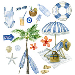 Watercolor hand drawn summer coastal resort elements design with swimsuit, sun umbrella, palm leaves, surf, cocktail, exotic flowers,sunglasses, flip-flops, shells, book.