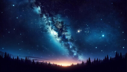 Fototapeta premium A breathtaking summer night sky filled with bright stars and the Milky Way, set against deep blues and blacks. Silhouettes of natural elements create a peaceful atmosphere. Generated by AI.