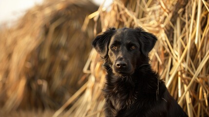 A black dog near the haystacks on the farm