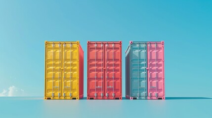 Brightly colored shipping containers in yellow, red, and blue against a clear blue sky. Perfect for industrial and logistic themes.
