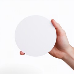 hand holding blank white round card isolated on white background