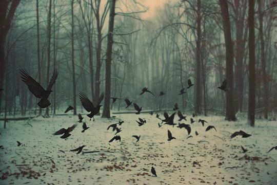 A murder of crows flying through a misty, snow-covered forest with leafless trees and muted light.