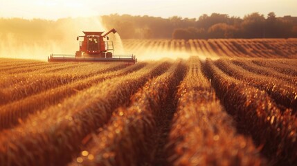 Obraz premium A maize chopper at work in a sunlit cornfield, with harvested rows clearly visible and the machine's powerful movements highlighted