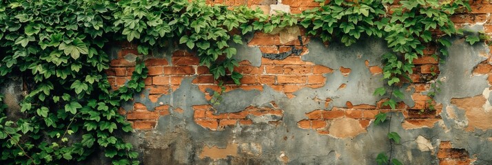 Green ivy leaves spreading over an aged brick wall with visible weathering and texture variations