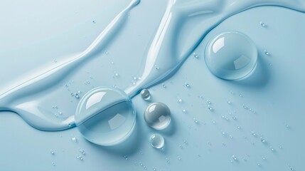 Close-up of water droplets on a smooth blue surface, emphasizing the clarity and purity of the liquid with soft lighting and reflective effects.