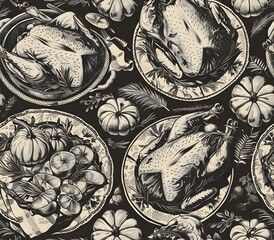 Fototapeta premium Vintage Thanksgiving Dinner Seamless Pattern with Roasted Turkeys and Traditional Pies