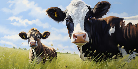 cow in the field, cow with her baby in the field of green grass under blue sky seeing on the camera, generative AI