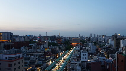 Tokyo, Japan. Asakusa district aerial view. Nakamise street. Asakusa Sensoji in the evening