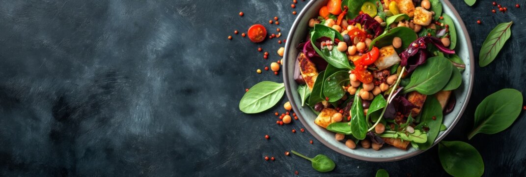 A nutritious and colorful vegetarian salad displayed on a dark background, featuring chickpeas, greens, and fresh vegetables