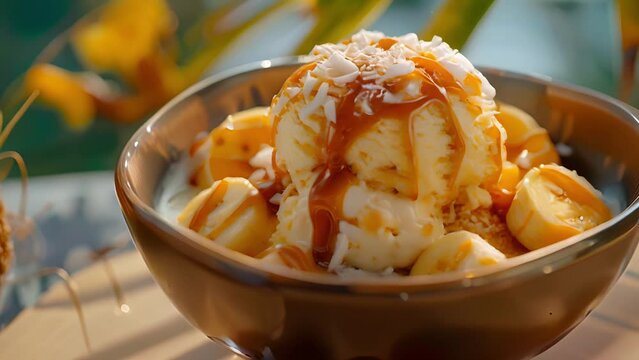 A bowl filled with the ultimate tropical indulgence a scoop of banana and coconut ice cream drizzled with caramel sauce.