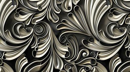 Repeating motifs of stylized waves and arcs with metallic silver accents , Background, vector, abstract, art deco style