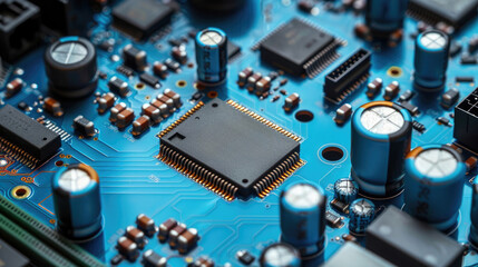 A close-up of a circuit board. The board is blue and has many electronic components on it, including capacitors, resistors, and integrated circuits.