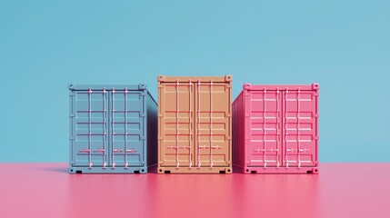 Colorful shipping containers against blue and pink background. Vibrant industrial image perfect for logistics, trade, and transportation themes.