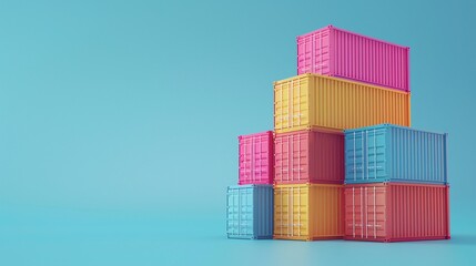 Colorful shipping containers stacked in an organized pyramid against a blue background. Cargo, logistics, import, export, transportation concept.