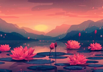Pink lotus flowers on a lake at sunset