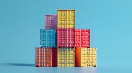 Colorful stacked shipping containers against a bright blue background, symbolizing global trade, import, and export business.