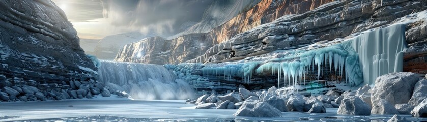 Stunning landscape of a frozen waterfall in a snow-covered canyon with icy cliffs and overcast sky.