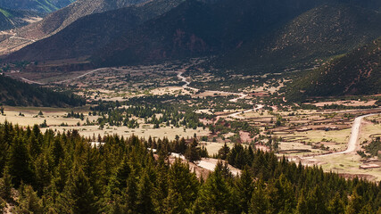 an open space with sparse trees and a small tibetan village between mountains 