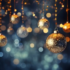 Fototapeta premium A festive background with hanging golden Christmas balls and glittering lights. Generative AI.