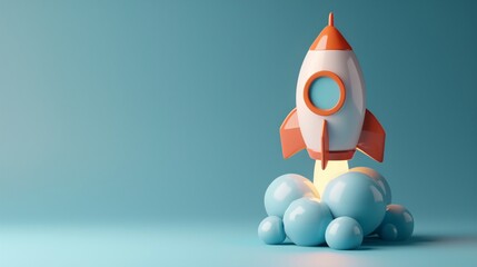 Colorful toy rocket launching on blue background. Concept of startup, innovation, and space exploration. Minimalist design.