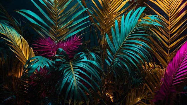 tropical leaves are in vivid shades of magenta, turquoise and gold. wallpaper or background, designer concept