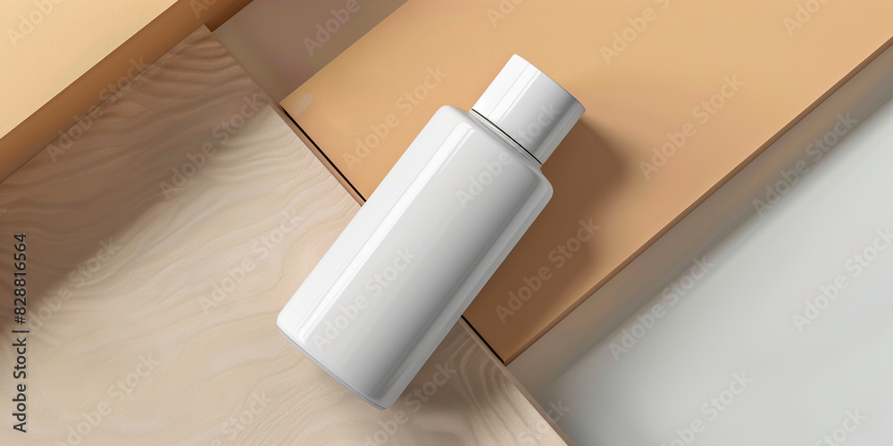 Poster A bottle of with cosmetic product is sitting on a wooden surface