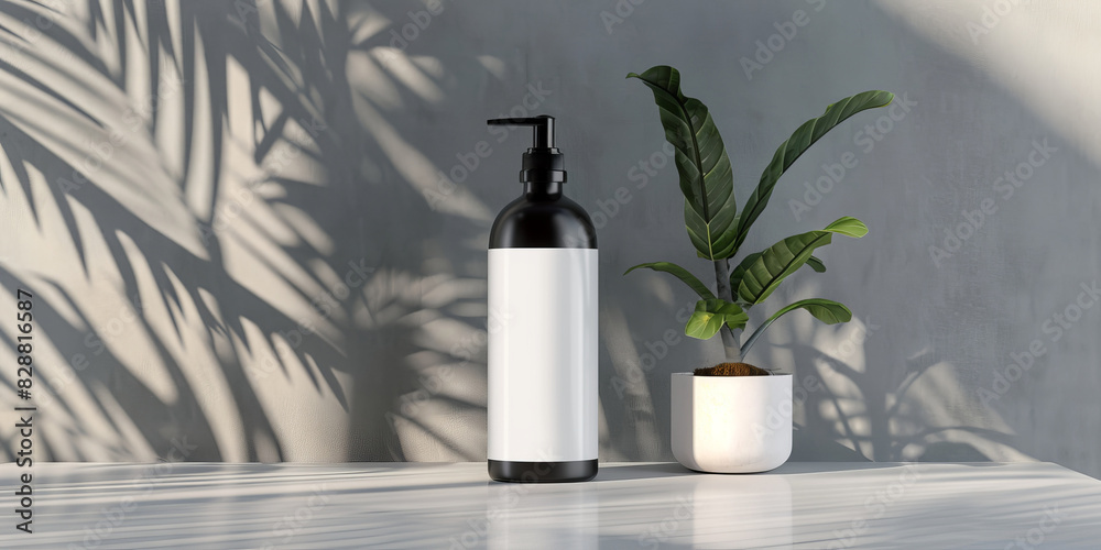 Poster A bottle of lotion is sitting on a table next to a potted plant