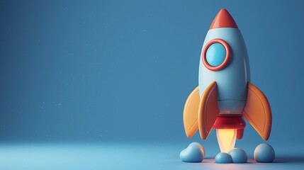 Colorful toy rocket on blue background, ready for launch. Children's plaything conceptualizing space exploration and innovation.