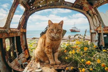 Obraz premium A ginger cat sitting inside a rusty, abandoned vehicle frame, surrounded by vibrant yellow and green wildflowers, with the ocean and a distant ship in the background under a blue sky.