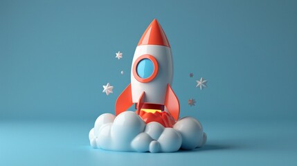 Colorful toy rocket ship taking off into the sky with fluffy clouds, symbolizing innovation and progress in a playful style.