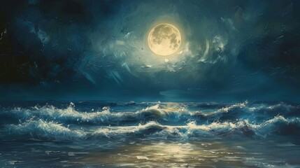 full moon on sea to night illustration